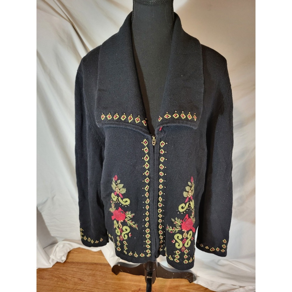 Orvis Size XL Black Embroidered Cardinal Full Zip‎ Sweater Holiday Read